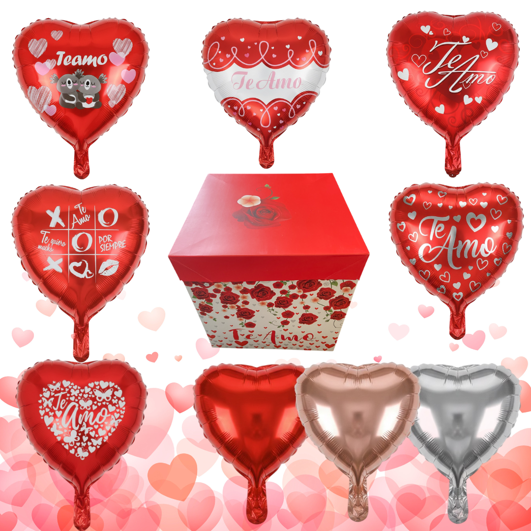 PACK 15 GLOBOS +VARILLAS ROJAS + 1 CAJA 22X22 CMS