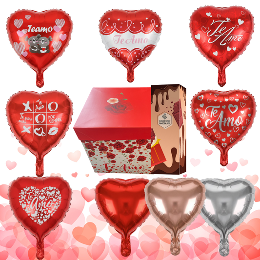 PACK 5 GLOBOS CON VARILLAS ROJAS + 1 CAJA 22X22 CMS + FILTRO DE CHOCOLATE